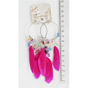 Серьги с перьями "3 перышка + круг + россыпь", цвет малиновый