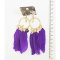 Серьги с перьями "5 перышек + круг + ромбы", цвет фиолетовый