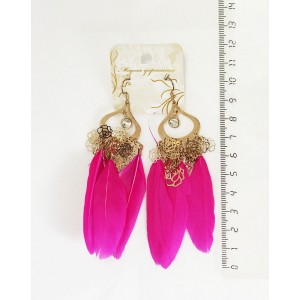Серьги с перьями "3 перышка + капелька + розочки", цвет малиновый