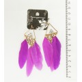 Серьги с перьями "3 перышка + треугольник", цвет лиловый
