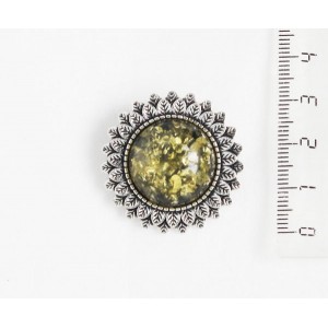 Брошь из янтаря (переплавленый) "подсолнух", круг 20мм, цвет зеленый