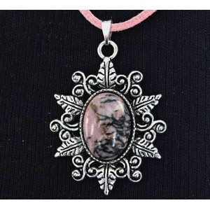 Кулон из родонита, овал 18х13мм, оправа "папоротник"