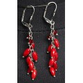 Серьги из коралла красного, "рис" на цепочке