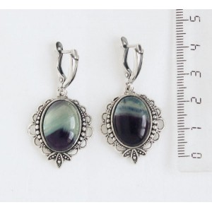 Серьги из флюорита, овал 18х13мм, оправа "трилистник", швензы посеребрение