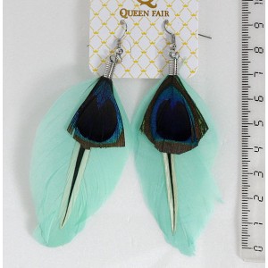 Серьги с пером "павлин", цвет мятный