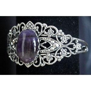 Браслет из аметиста, овал 25х18мм, жесткая основа цвет ант.серебро