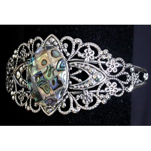 Браслет из гелиотиса (мозаика), овал 25х18мм, жесткая основа цвет ант.серебро