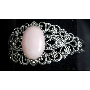 Браслет из розового кварца, овал 25х18мм, жесткая основа цвет ант.серебро