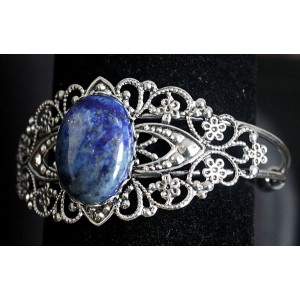 Браслет из лазурита, овал 25х18мм, жесткая основа цвет ант.серебро
