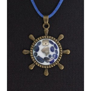 Кулон из лазурита и пирита "штурвал", мозаика, круг 20мм, оправа цвет бронза