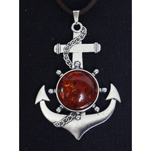 Кулон из янтаря (переплавленый) "якорь", цвет коньячный, круг 20мм