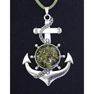 Кулон из янтаря (переплавленый) "якорь", цвет зеленый, круг 20мм