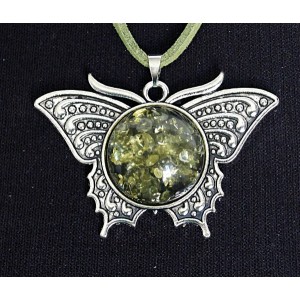 Кулон из янтаря (переплавленый) "бабочка", цвет зеленый, круг 20мм