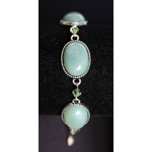 Браслет из агата зеленого (тонировка), овалы 18х13мм + хрусталь, цепочка