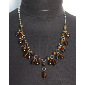 Колье из тигрового глаза, шарик 8 и 6мм, + хрусталь