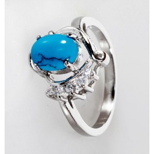 Кольцо с бирюзой (имитация), родиум, цвет темно-голубой "чайка"