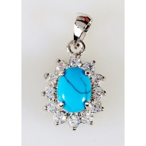 Кулон из бирюзы (имитация), родиум "малый овал в цирконах", цвет темно-голубой