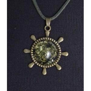 Кулон из янтаря (переплавленый) "штурвал", цвет зеленый, круг 20мм