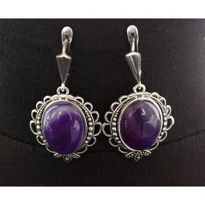 Cерьги из агата фиолетового (тонировка), овал 18х13мм, оправа "трилистник", швензы посеребрение