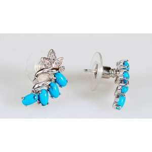 Cерьги из бирюзы (имитация), родиум, цвет темно-голубой "ягодная гроздь"