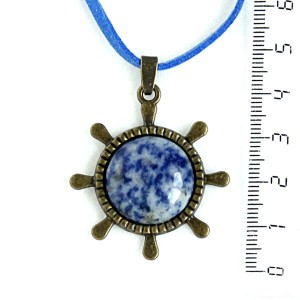 Кулон из лазурита (бело-синий), круг 20мм, оправа "штурвал" цвет бронза 