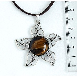 Кулон из тигрового глаза, круг 20мм, оправа "цветок 5 лепестков"