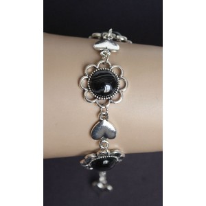 Браслет из агата черного "ромашки и сердечки", круг 12мм