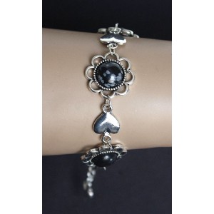 Браслет из обсидиана снежного "ромашки и сердечки", круг 12мм