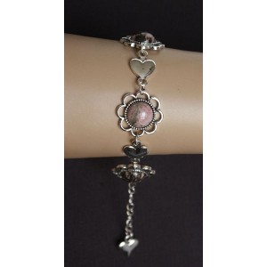 Браслет из родонита "ромашки и сердечки", круг 12мм