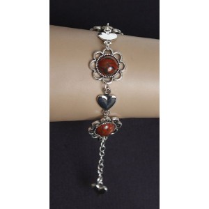 Браслет из яшмы красно-коричневой "ромашки и сердечки", круг 12мм