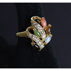 Кольцо мульти "5 рис волна" (коралл, нефрит, опал, тигровый глаз, черный оникс)