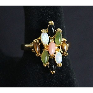 Кольцо мульти "ромб" (коралл, нефрит, опал, тигровый глаз, черный оникс) 