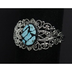 Браслет из бирюзы (натуральная, мозаика), овал 25х18мм, жесткая основа цвет ант.серебро