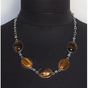 Колье из тигрового глаза, овалы 25х18мм, 5 камней, на цепочке