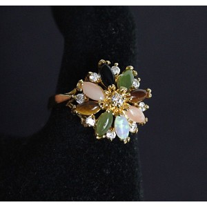 Кольцо мульти "колесо фортуны" (коралл, нефрит, опал, тигровый глаз, черный оникс)