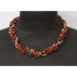 Бусы из родонита, красной яшмы + бычий глаз, галтовка, жгут 3 нити