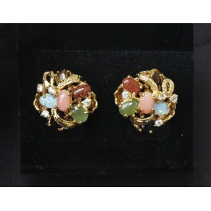 Серьги мультикамни "малина" (коралл оранжевый, нефрит, опал, тигровый глаз, черный оникс)