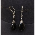 Серьги из агата черного, капелька плоская, шапочка "вазочка малая"