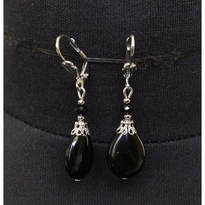 Серьги из агата черного, капелька плоская, шапочка "вазочка малая"