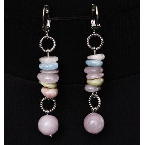 Серьги из морганита (крупная плоская галтовка) и кварца розового (шарик 10мм), на колечках