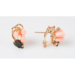 Серьги из коралла (розовый) и нефрита "3 розы 1 лист тычинка" 