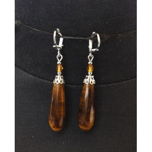 Cерьги из тигрового глаза, капелька 30мм, огранка, шапочка "вазочка малая"