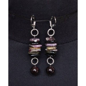 Серьги из турмалина (крупная плоская галтовка) и граната (шарик 9мм), на колечках