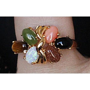 Кольцо мульти "волна" (коралл, нефрит, опал, тигровый глаз, черный оникс)