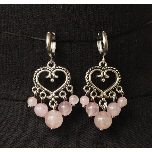 Серьги из кварца розового, шарик 8, 6, 4мм, коннектор "сердце витое"