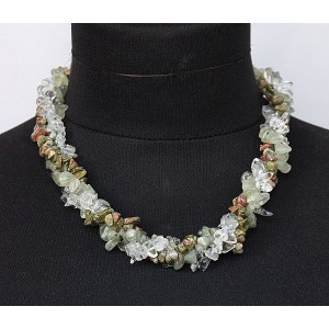 Бусы из горного хрусталя, +унакит+пренит, галтовка, жгут 3 нити