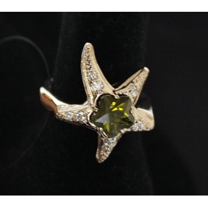 Кольцо с хризолитом (темный) "морская звезда"