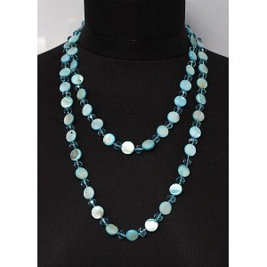 Бусы из перламутра + хрусталь, цвет  голубой, длинные, "монетки"