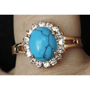 Кольцо с бирюзой (имитация) "овал в цирконах", цвет темно-голубой