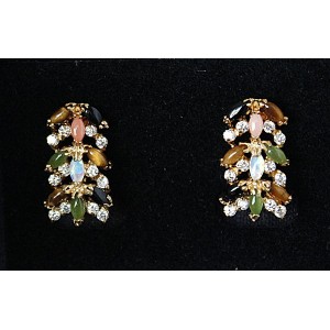 Серьги мультикамни "косичка 3 ряда" (коралл оранжевый, нефрит, опал, тигровый глаз, черный оникс)